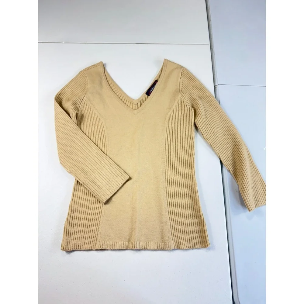 Takeout Bisque‎ V Neck Ribbed Knit Sweater Fitted Long Sleeve Neutral Top Small